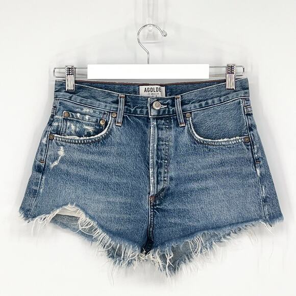 AGOLDE Parker Denim Shorts Rock Steady Distressed Raw Hem Women’s Size 25 Cotton - Picture 2 of 5